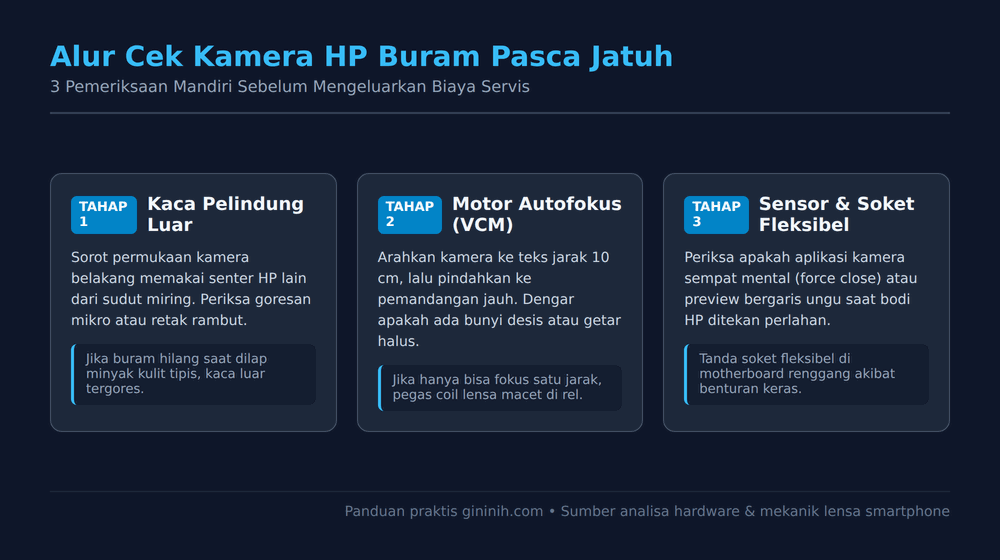 Diagram alur cek kamera HP buram pasca jatuh